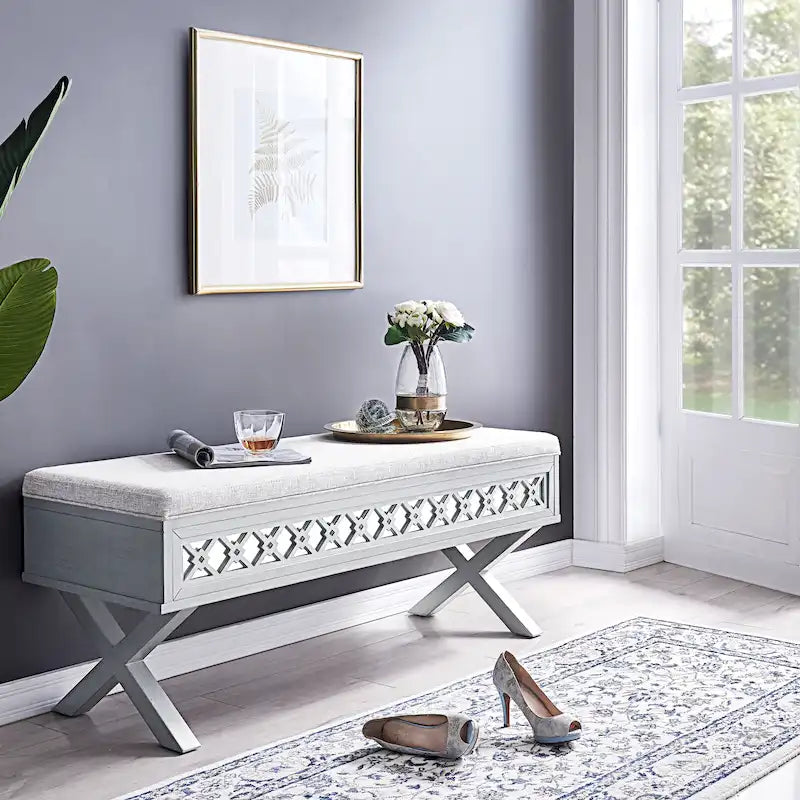 Mirrored Diamond Filigree X Base Lift Top Storage Bench