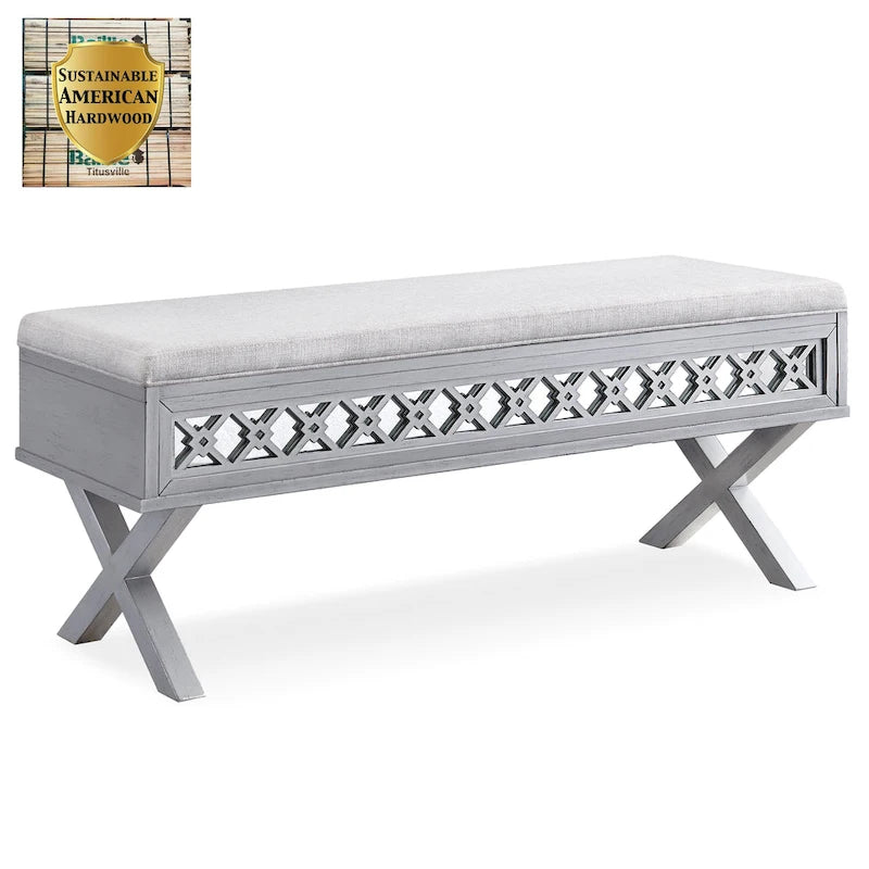 Mirrored Diamond Filigree X Base Lift Top Storage Bench
