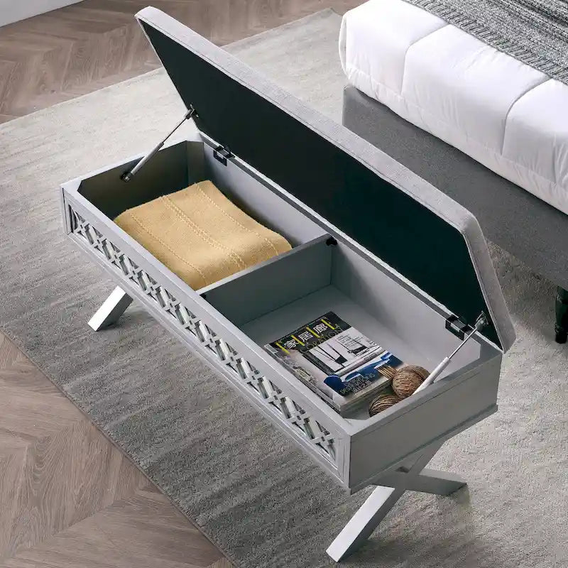 Mirrored Diamond Filigree X Base Lift Top Storage Bench