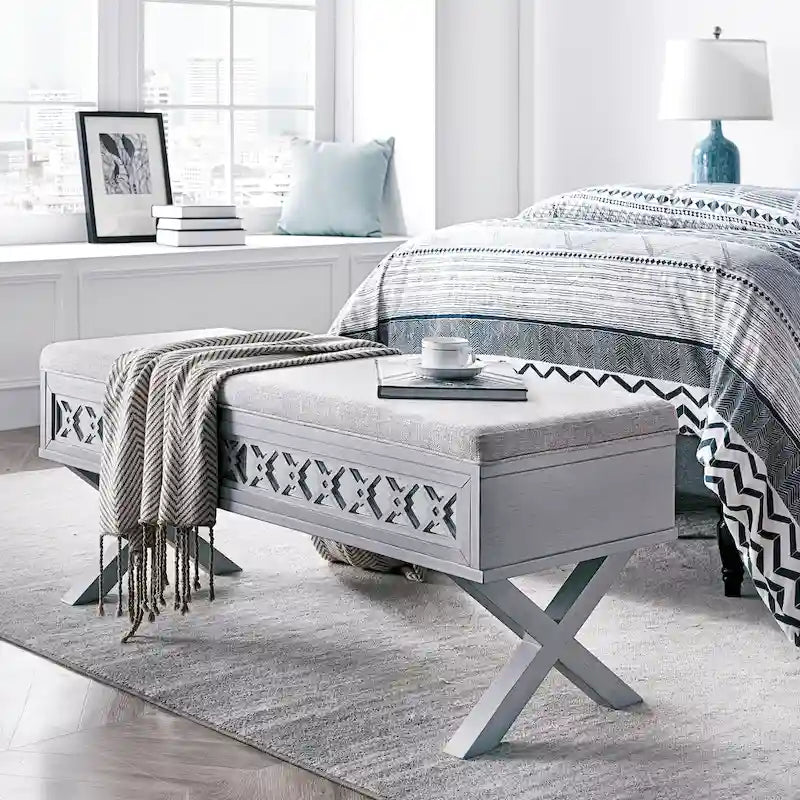 Mirrored Diamond Filigree X Base Lift Top Storage Bench