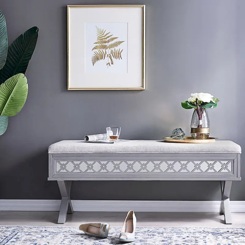 Mirrored Diamond Filigree X Base Lift Top Storage Bench