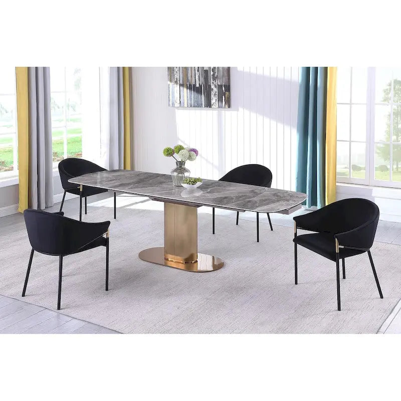 Extendable Marbleized Ceramic Top Dining Table with Steel Base