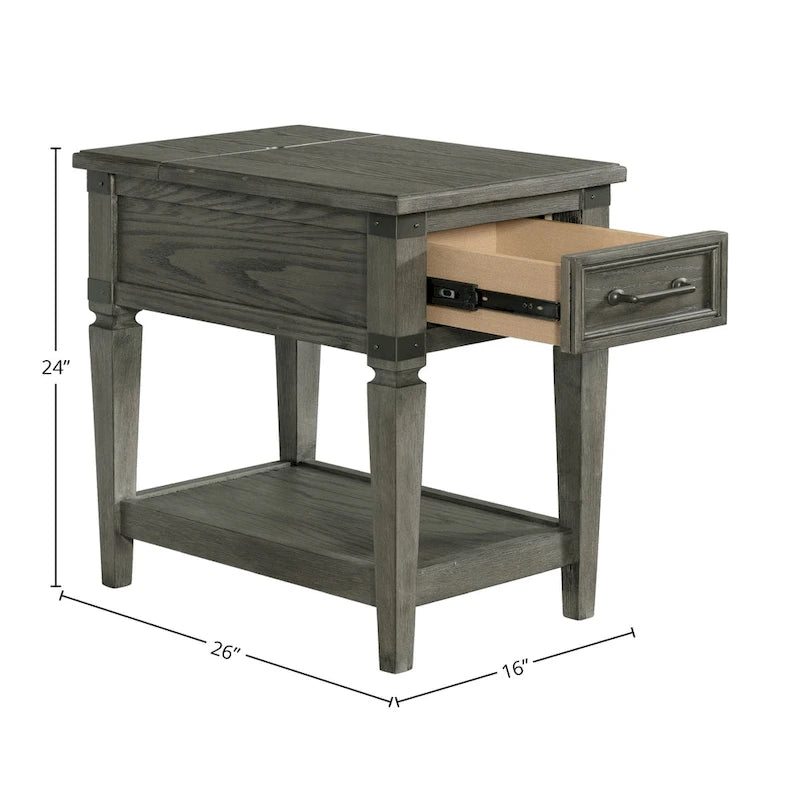 Brushed Pewter Chairside Table with Drawer and Shelf