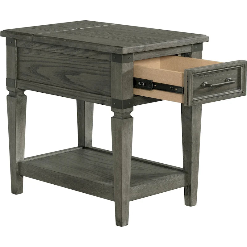 Brushed Pewter Chairside Table with Drawer and Shelf