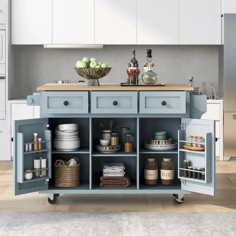 Kitchen Island with 5 Wheels, Storage Cabinet and 3 Drawers