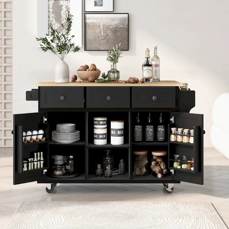 Kitchen Island with 5 Wheels, Storage Cabinet and 3 Drawers
