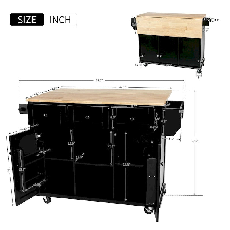 Kitchen Island with 5 Wheels, Storage Cabinet and 3 Drawers