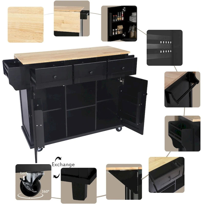 Kitchen Island with 5 Wheels, Storage Cabinet and 3 Drawers