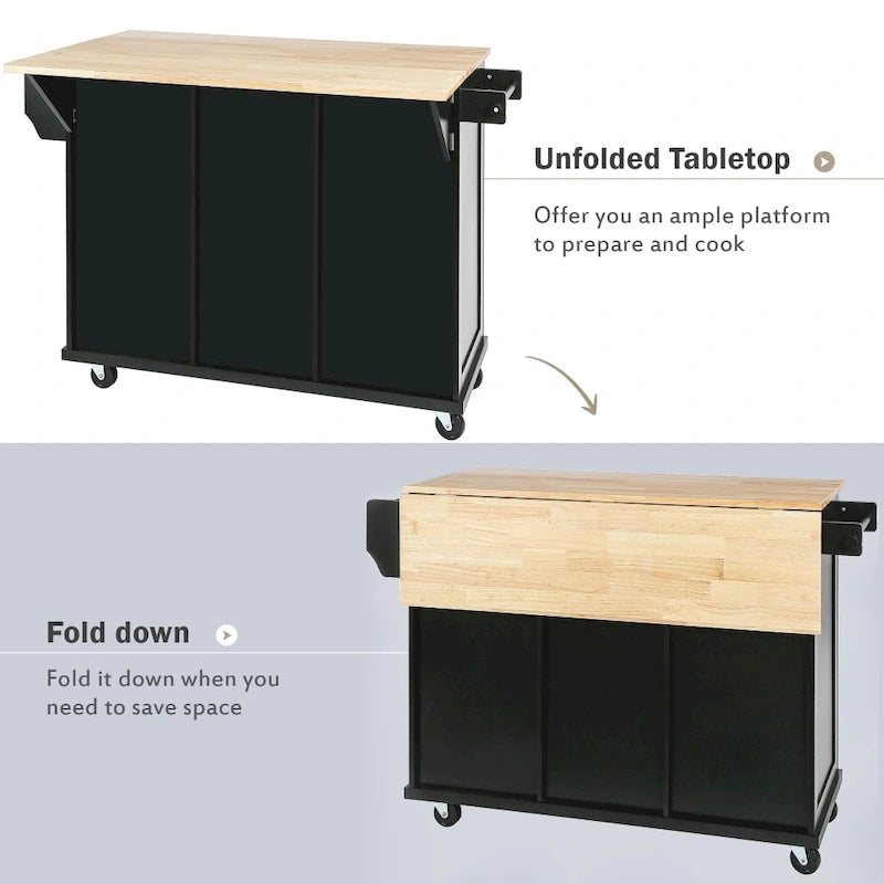 Kitchen Island with 5 Wheels, Storage Cabinet and 3 Drawers
