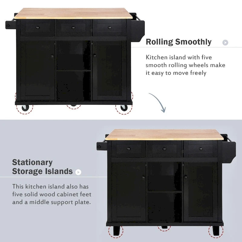 Kitchen Island with 5 Wheels, Storage Cabinet and 3 Drawers