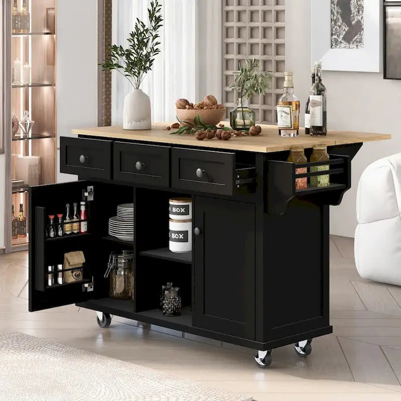 Kitchen Island with 5 Wheels, Storage Cabinet and 3 Drawers
