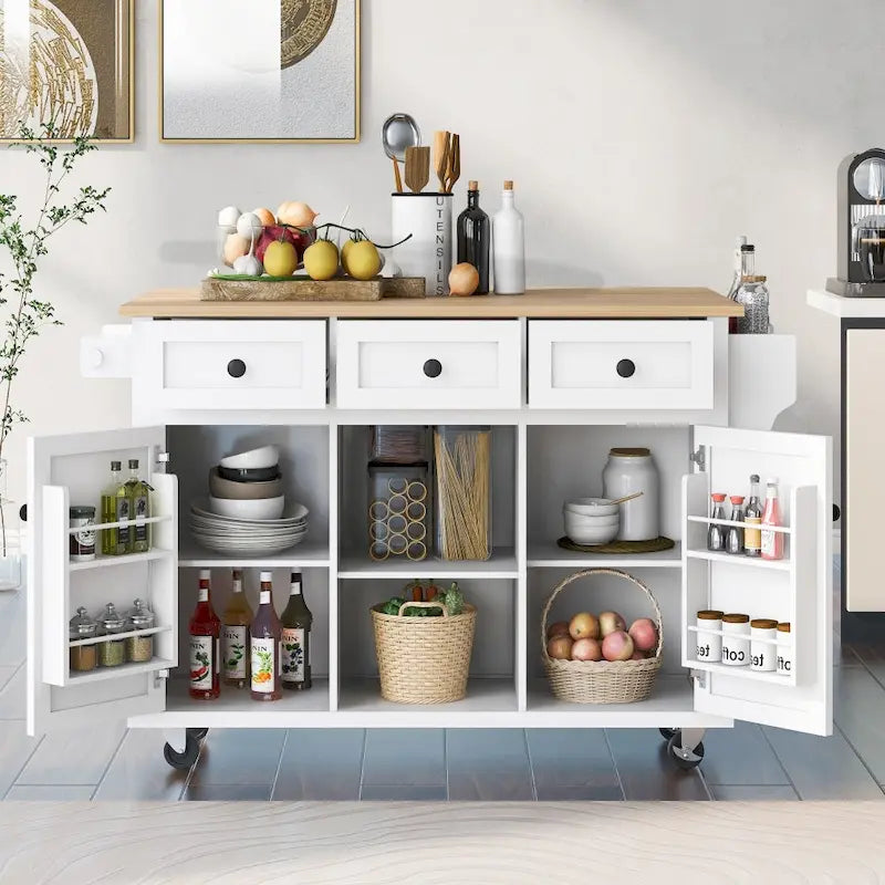 Kitchen Island with 5 Wheels, Storage Cabinet and 3 Drawers