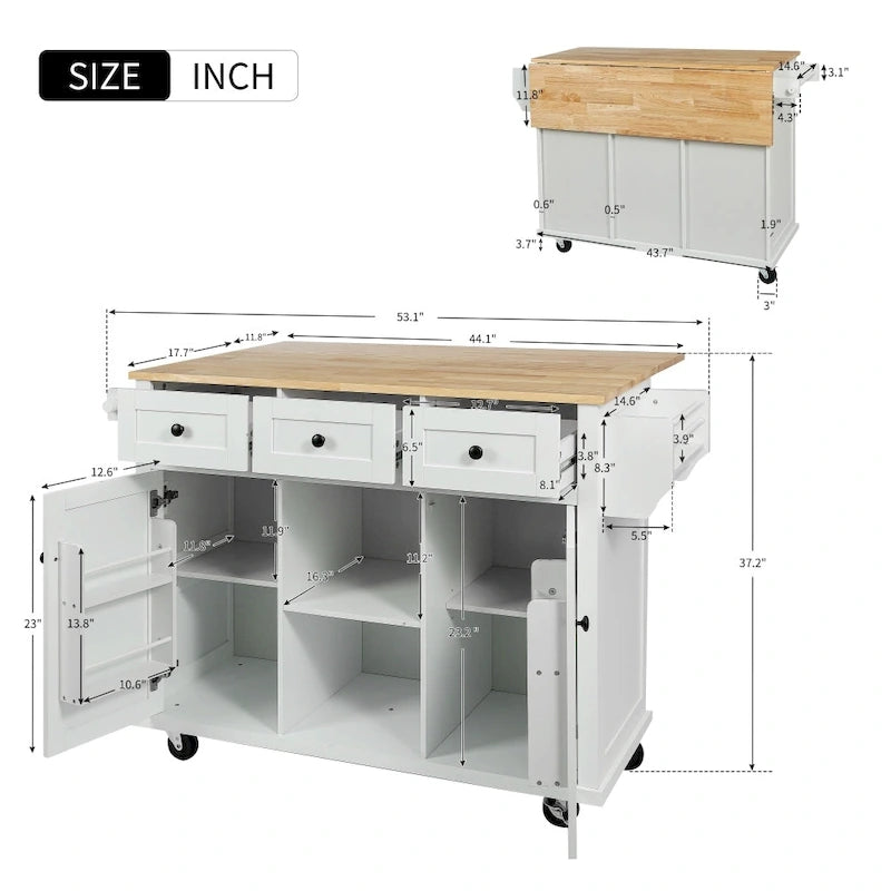 Kitchen Island with 5 Wheels, Storage Cabinet and 3 Drawers
