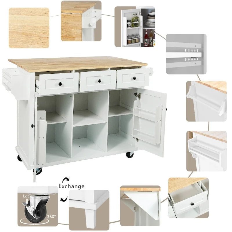 Kitchen Island with 5 Wheels, Storage Cabinet and 3 Drawers