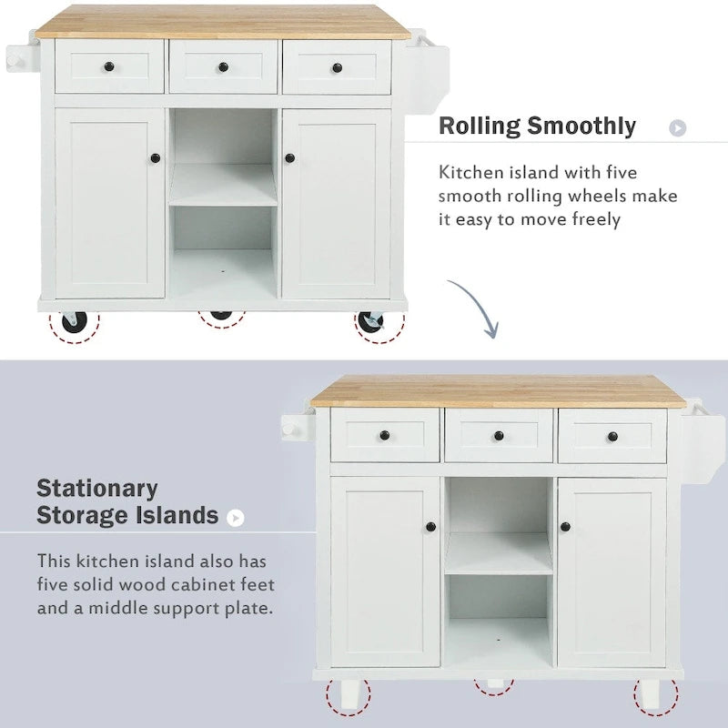 Kitchen Island with 5 Wheels, Storage Cabinet and 3 Drawers