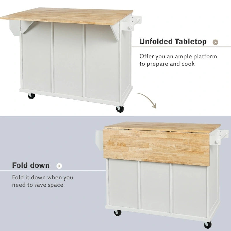 Kitchen Island with 5 Wheels, Storage Cabinet and 3 Drawers
