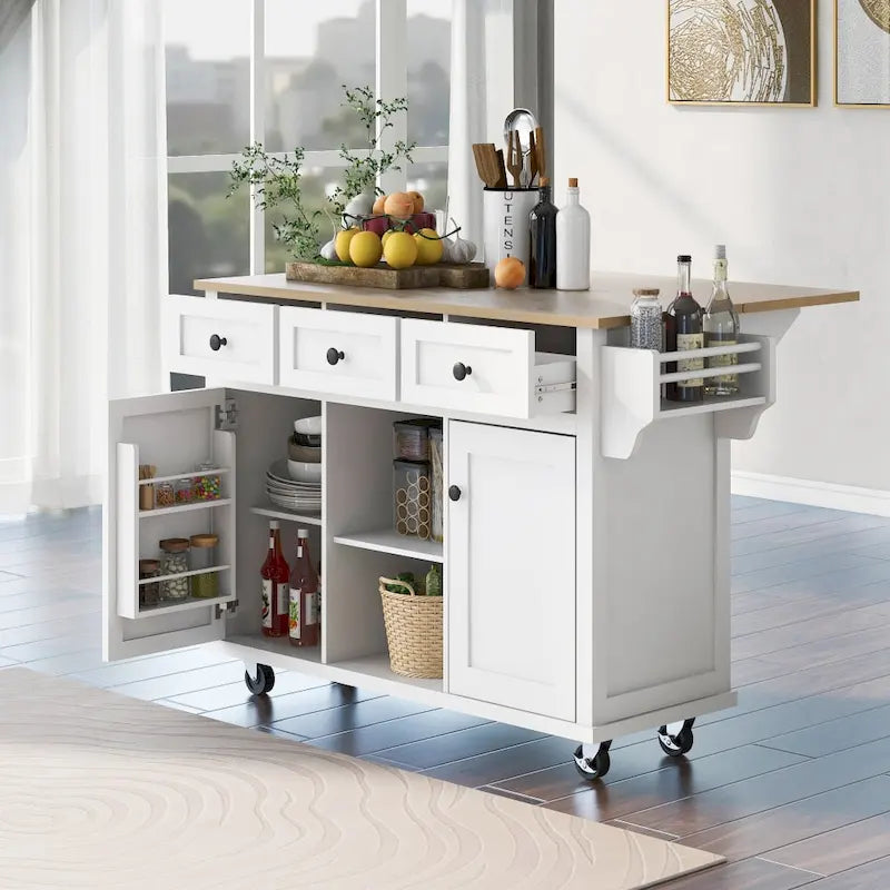 Kitchen Island with 5 Wheels, Storage Cabinet and 3 Drawers