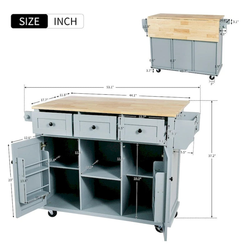 Kitchen Island with 5 Wheels, Storage Cabinet and 3 Drawers