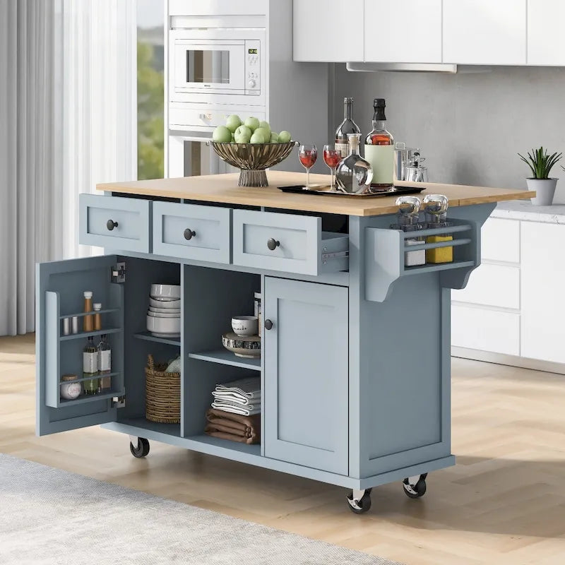 Kitchen Island with 5 Wheels, Storage Cabinet and 3 Drawers