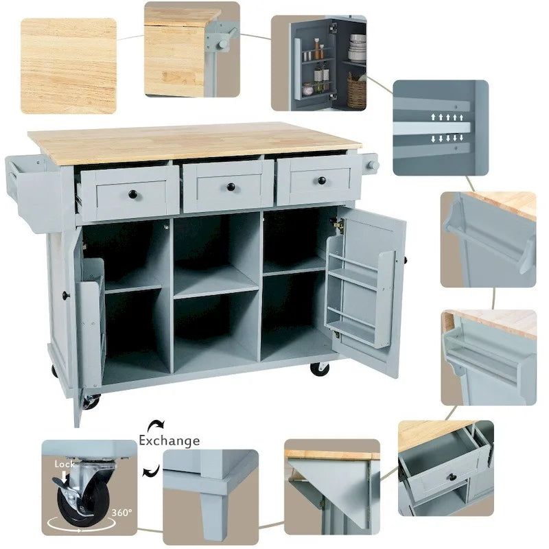 Kitchen Island with 5 Wheels, Storage Cabinet and 3 Drawers