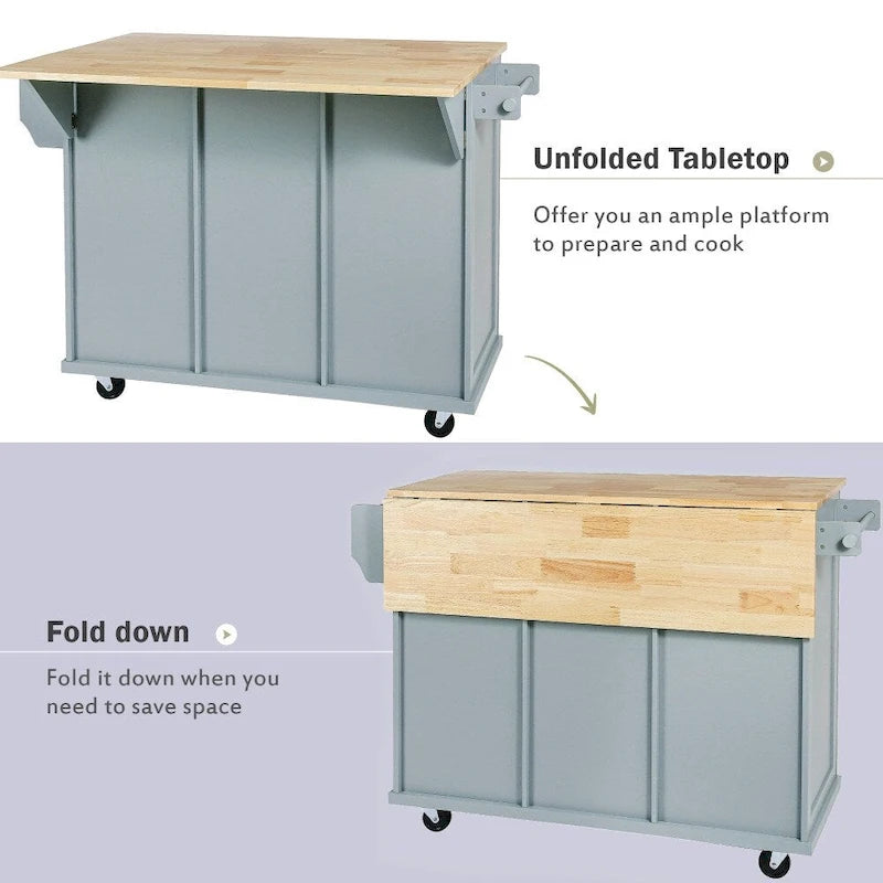 Kitchen Island with 5 Wheels, Storage Cabinet and 3 Drawers