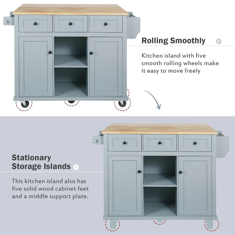 Kitchen Island with 5 Wheels, Storage Cabinet and 3 Drawers