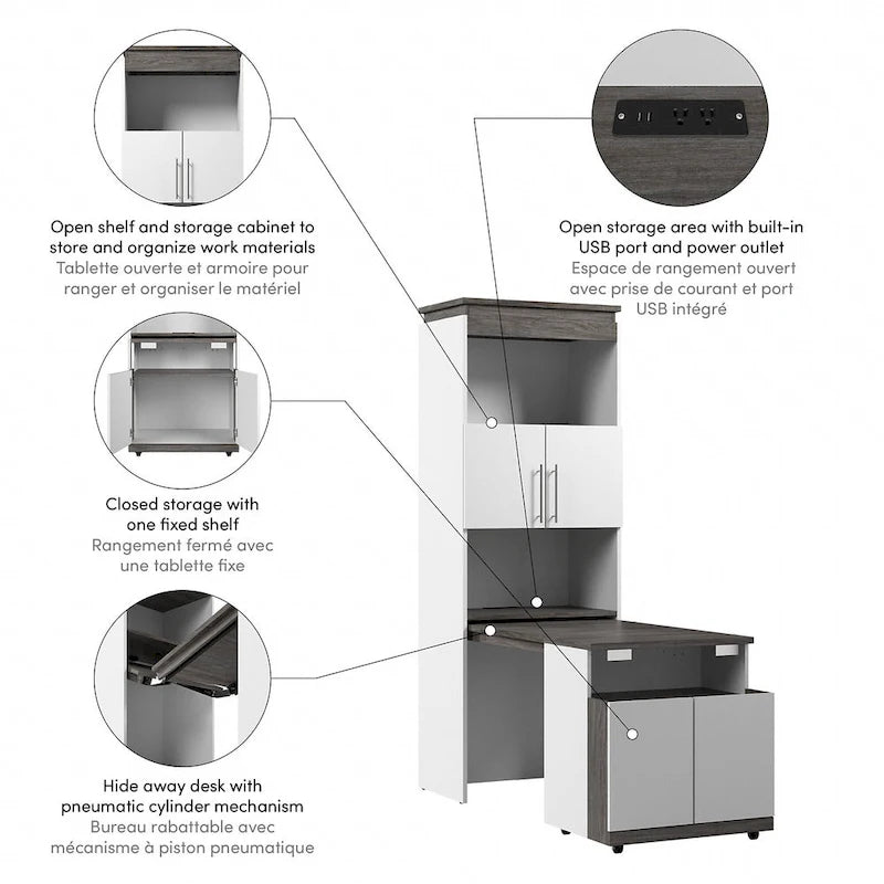 30W Tall Storage Cabinet with Doors and Fold-Out Desk