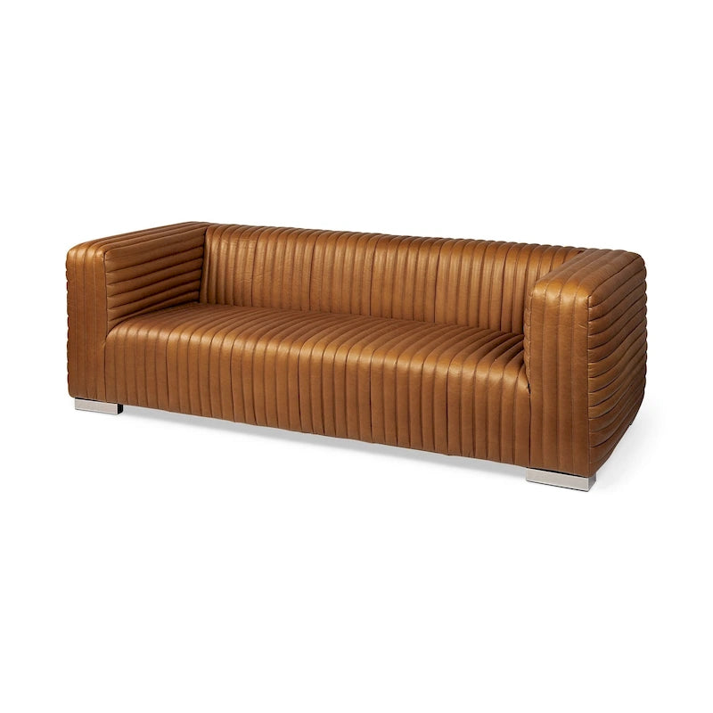 Cognac Genuine Leather Wrapped Sofa - 86.6L x 38.6W x 26.4H