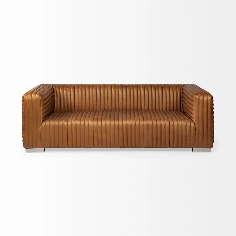 Cognac Genuine Leather Wrapped Sofa - 86.6L x 38.6W x 26.4H
