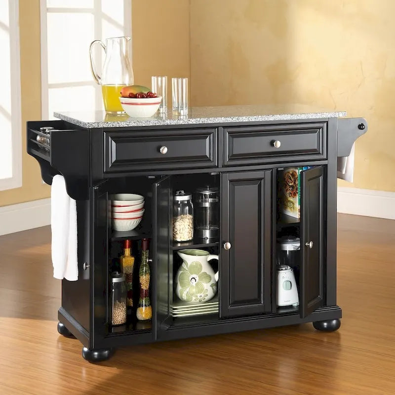 Solid Granite Top Kitchen Island in Black Finish - 51.5"W x 18"D x 34"H