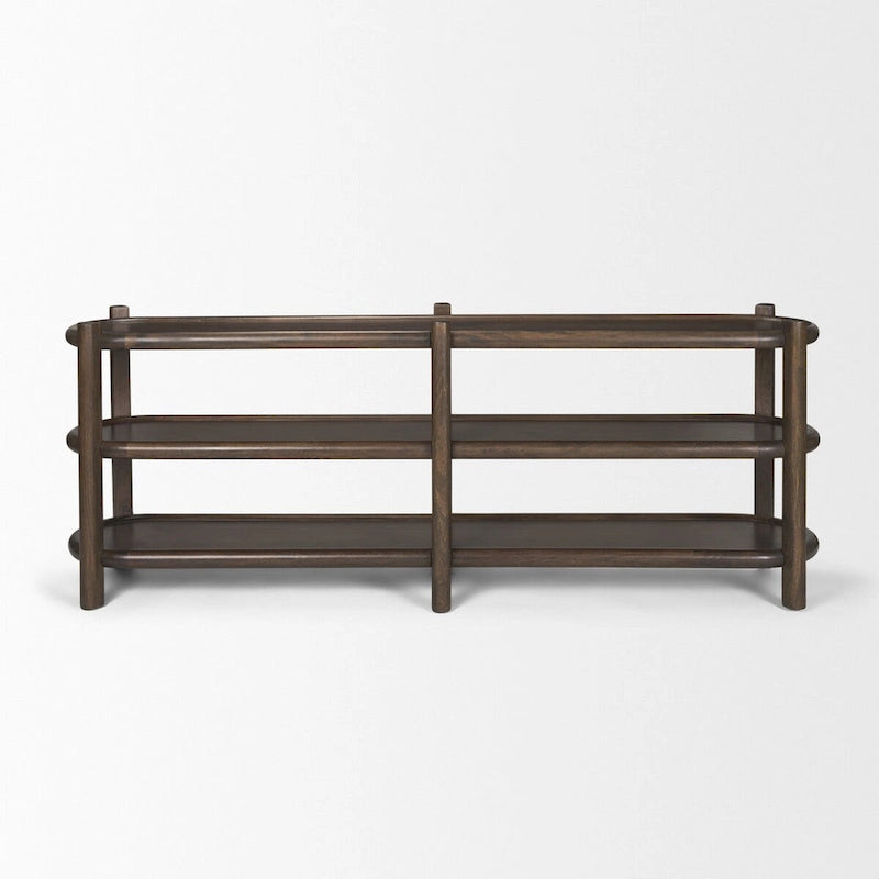 Dark Brown Wood Oval Console Table with 3 Shelves