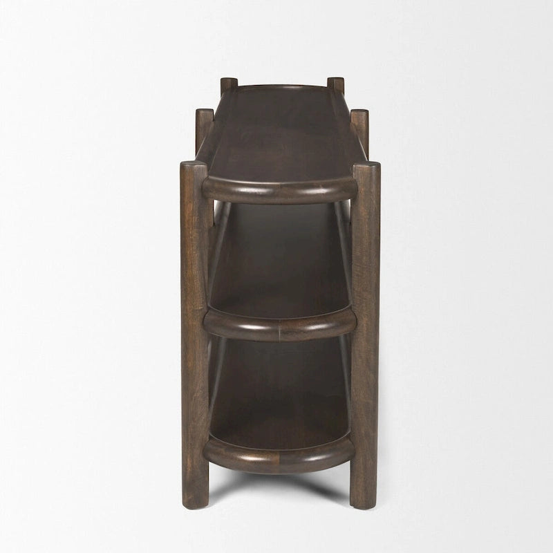 Dark Brown Wood Oval Console Table with 3 Shelves