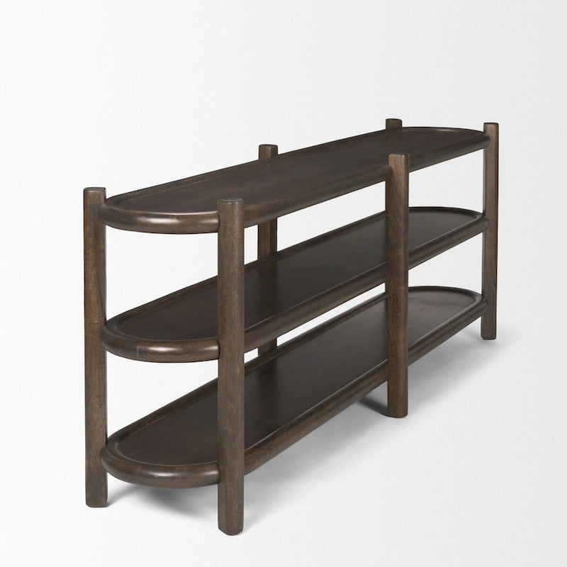 Dark Brown Wood Oval Console Table with 3 Shelves