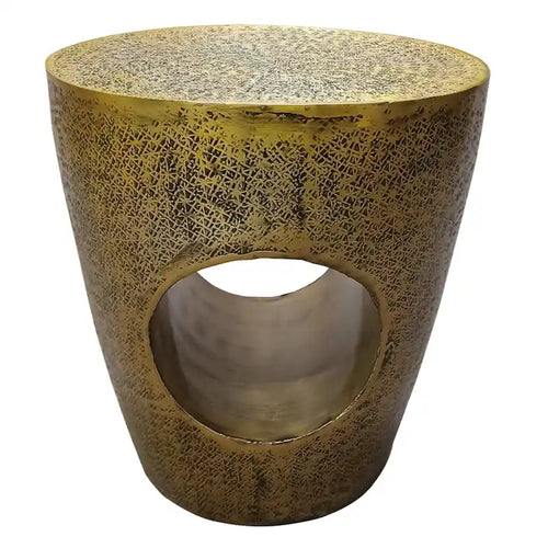 17 Inch Side End Table, Tapered Drum Shape with Unique Hollow Center, Antique Brass Aluminum