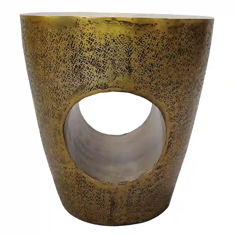 17 Inch Side End Table, Tapered Drum Shape with Unique Hollow Center, Antique Brass Aluminum