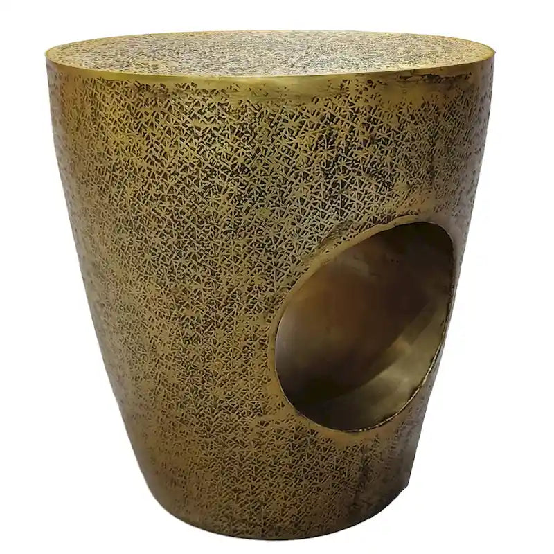 17 Inch Side End Table, Tapered Drum Shape with Unique Hollow Center, Antique Brass Aluminum