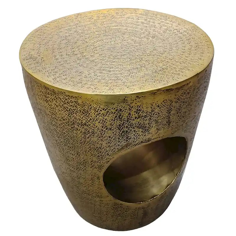 17 Inch Side End Table, Tapered Drum Shape with Unique Hollow Center, Antique Brass Aluminum