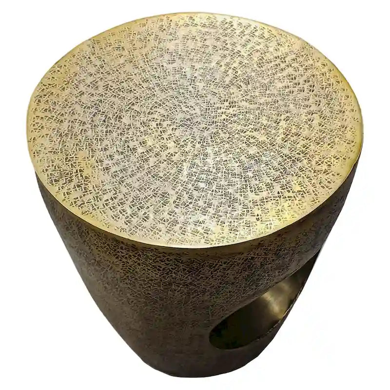 17 Inch Side End Table, Tapered Drum Shape with Unique Hollow Center, Antique Brass Aluminum