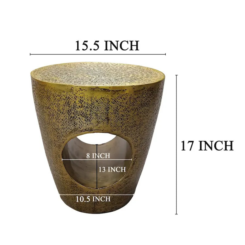17 Inch Side End Table, Tapered Drum Shape with Unique Hollow Center, Antique Brass Aluminum