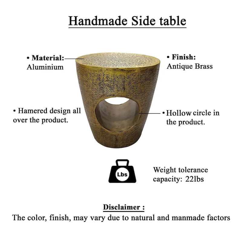 17 Inch Side End Table, Tapered Drum Shape with Unique Hollow Center, Antique Brass Aluminum