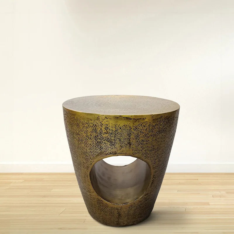 17 Inch Side End Table, Tapered Drum Shape with Unique Hollow Center, Antique Brass Aluminum