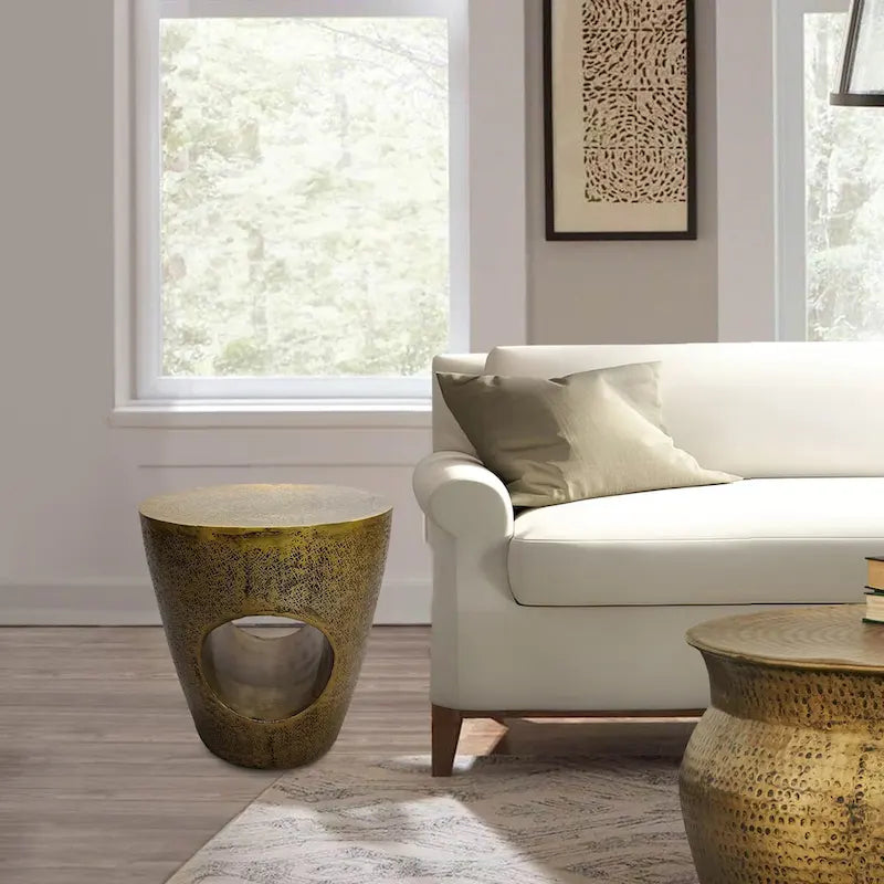 17 Inch Side End Table, Tapered Drum Shape with Unique Hollow Center, Antique Brass Aluminum