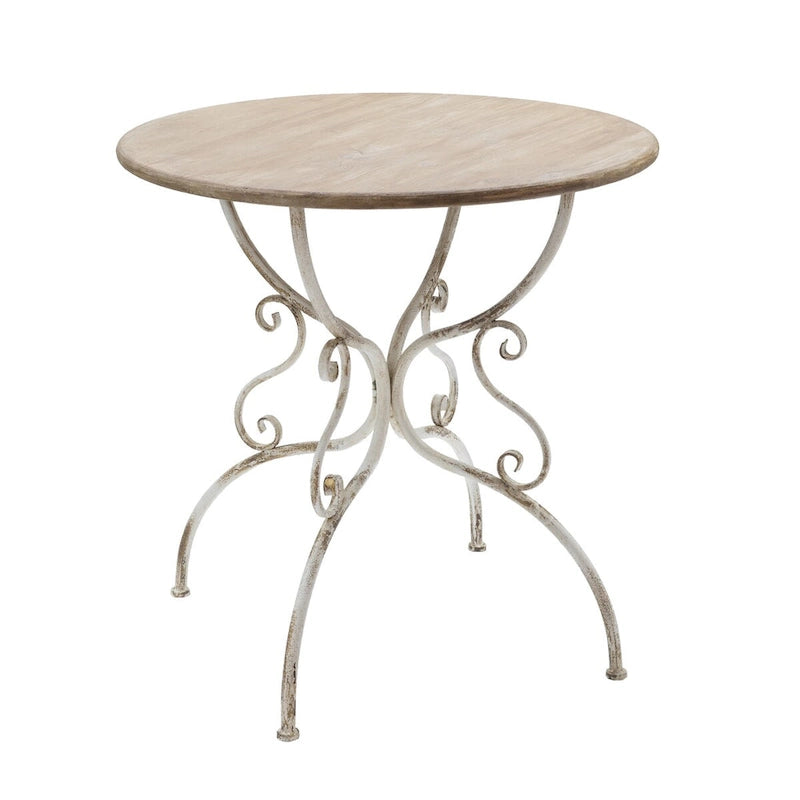 Round Wooden Table with Metal Scrollwork Legs