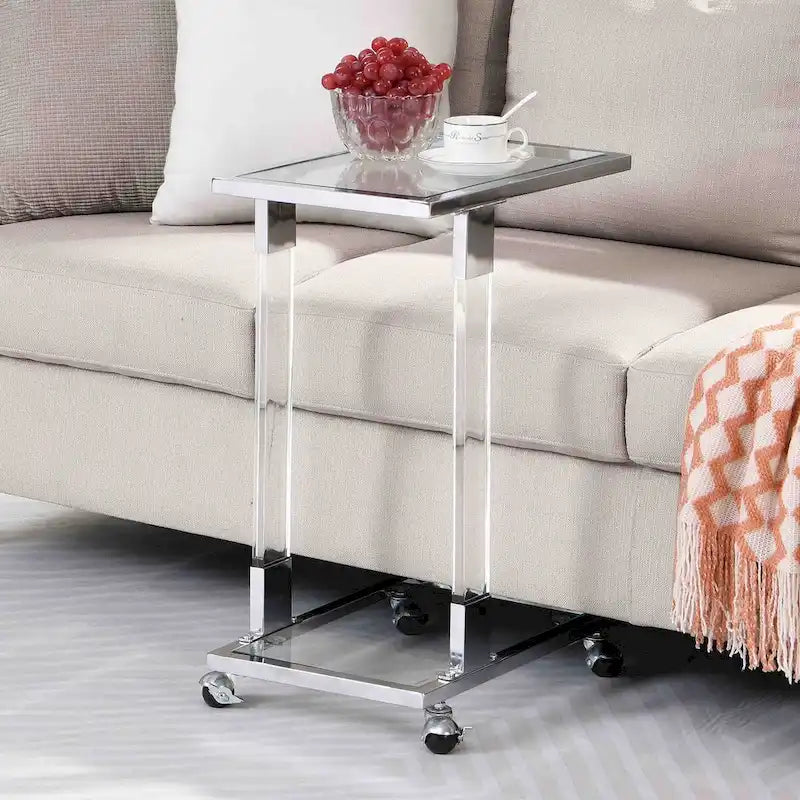 Glass Side Table, Acrylic End Table, Glass Top C Shape Square Table with Metal Base