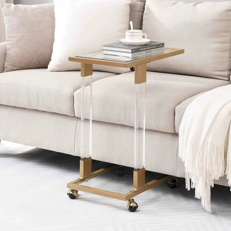 Glass Top C-Shape Side Table with Metal Base
