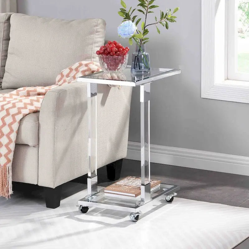 Glass Top C-Shape Side Table with Metal Base