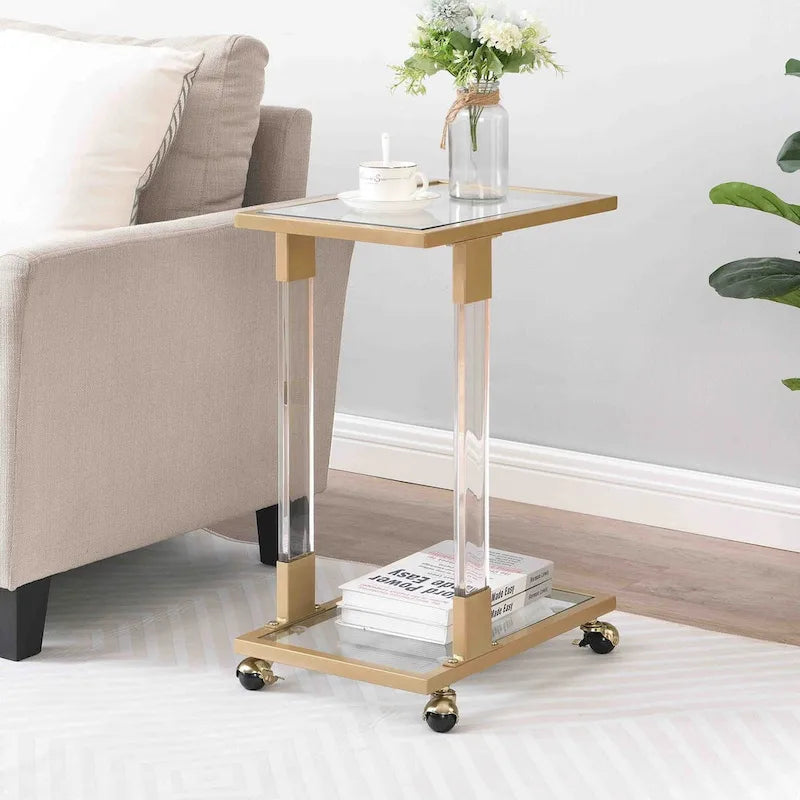 Glass Top C-Shape Side Table with Metal Base