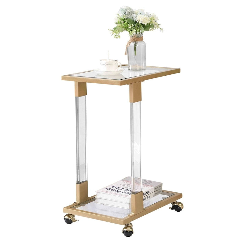 Glass Top C-Shape Side Table with Metal Base