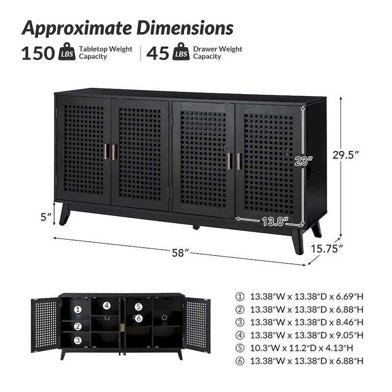 Contemporary 58" Wide Sideboard with Solid Wood Legs