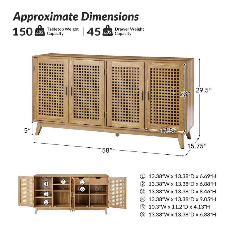Contemporary 58" Wide Sideboard with Solid Wood Legs